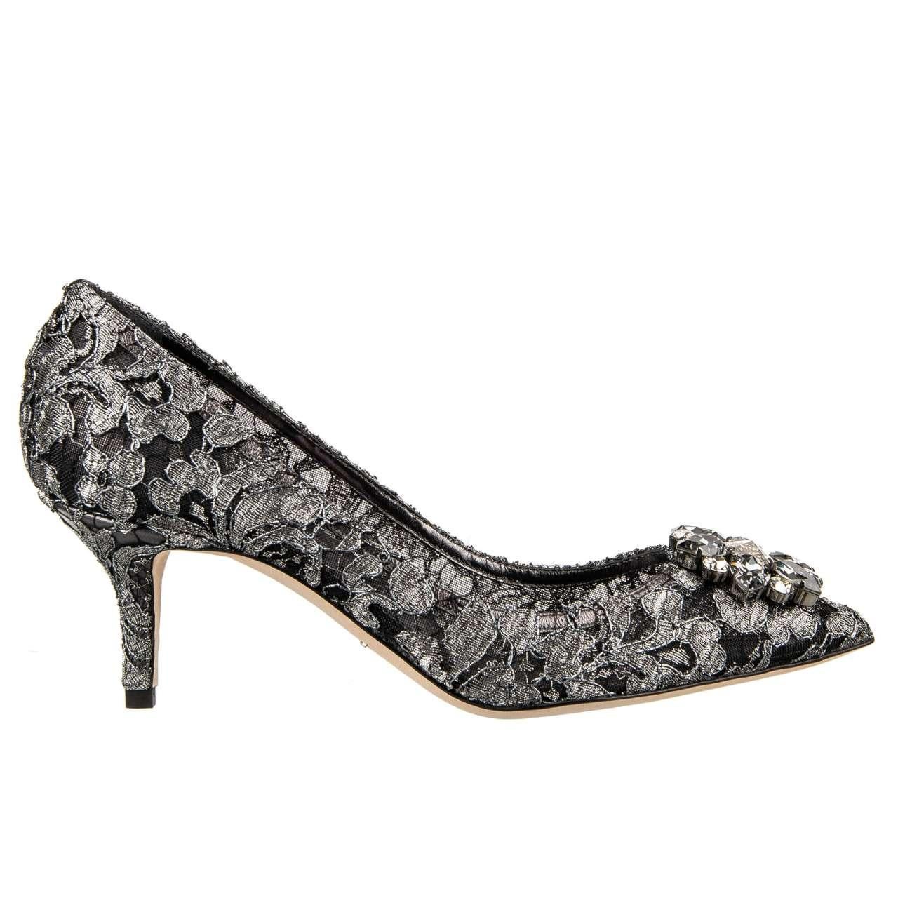 D&G Taormina Lace Pumps BELLUCCI with Crystal Brooch Silver Black EUR 36 For Sale 2