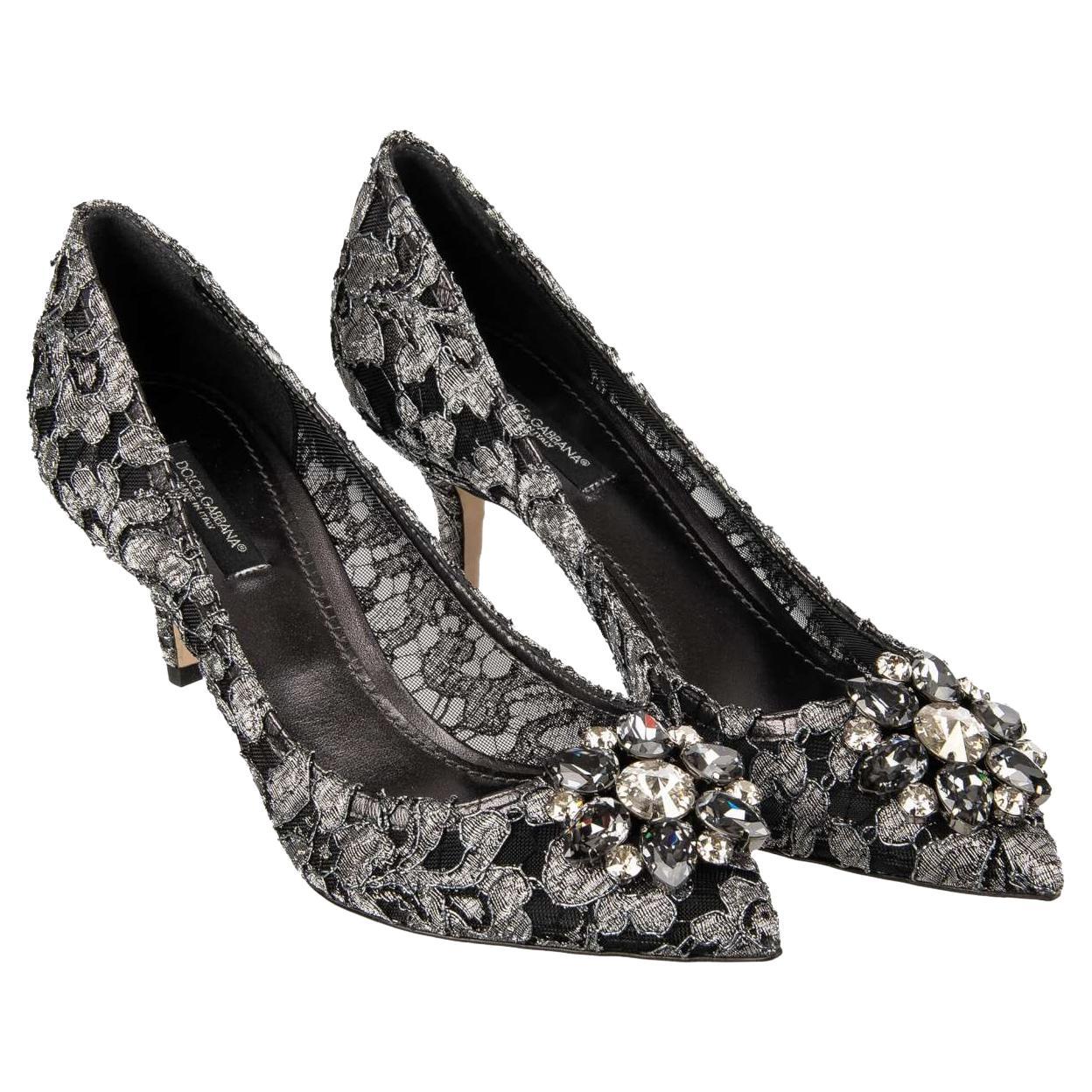 D&G Taormina Lace Pumps BELLUCCI with Crystal Brooch Silver Black EUR 39 For Sale