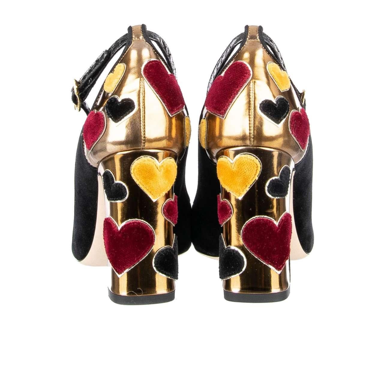 Women's D&G -Velvet Ankle Strap Hearts Pumps VALLY L'Amore Black Gold EUR 36.5 For Sale