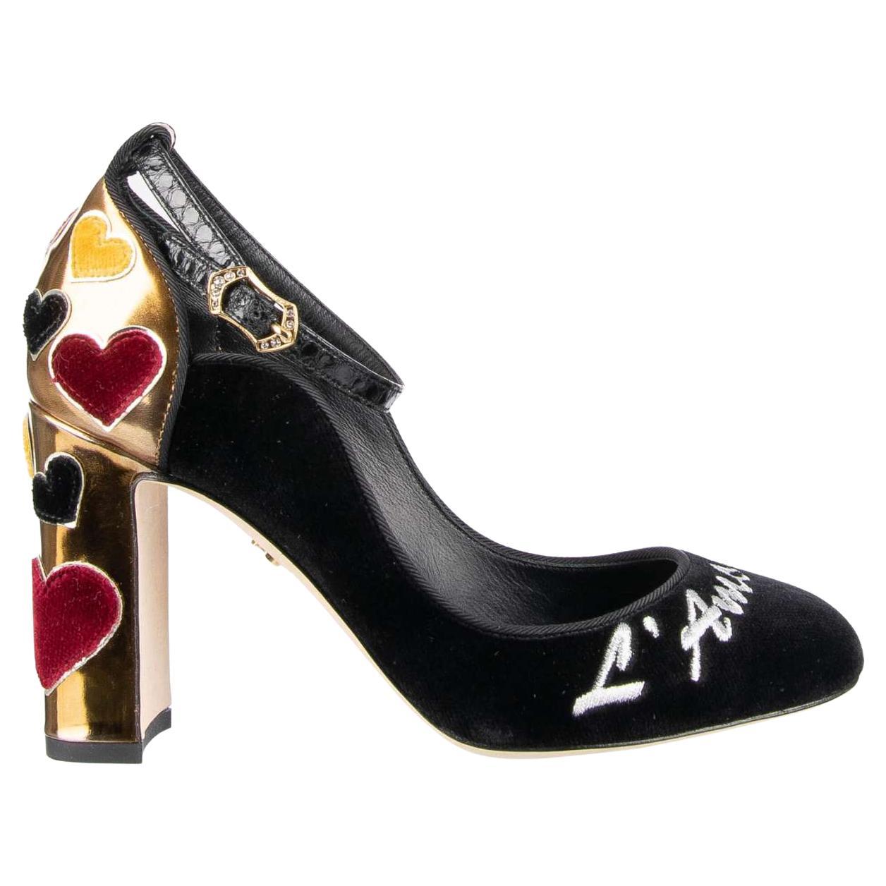 D&G -Velvet Ankle Strap Hearts Pumps VALLY L'Amore Black Gold EUR 36.5 For Sale