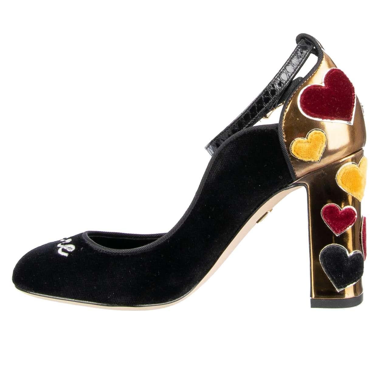 - Velvet Ankle Strap Pumps VALLY in black and gold with silver embroidered L'Amore, hearts embellished block heel and snakeskin ankle strap by DOLCE & GABBANA - New with Box - MADE IN ITALY - Former RRP: EUR 795 - Silver Embroidered 