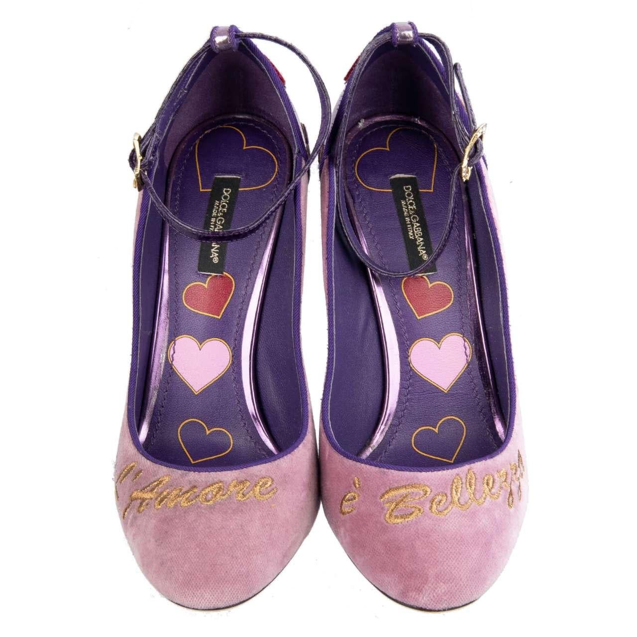 D&G Velvet Ankle Strap Hearts Pumps VALLY L'Amore Purple Pink EUR 38.5 For Sale 2