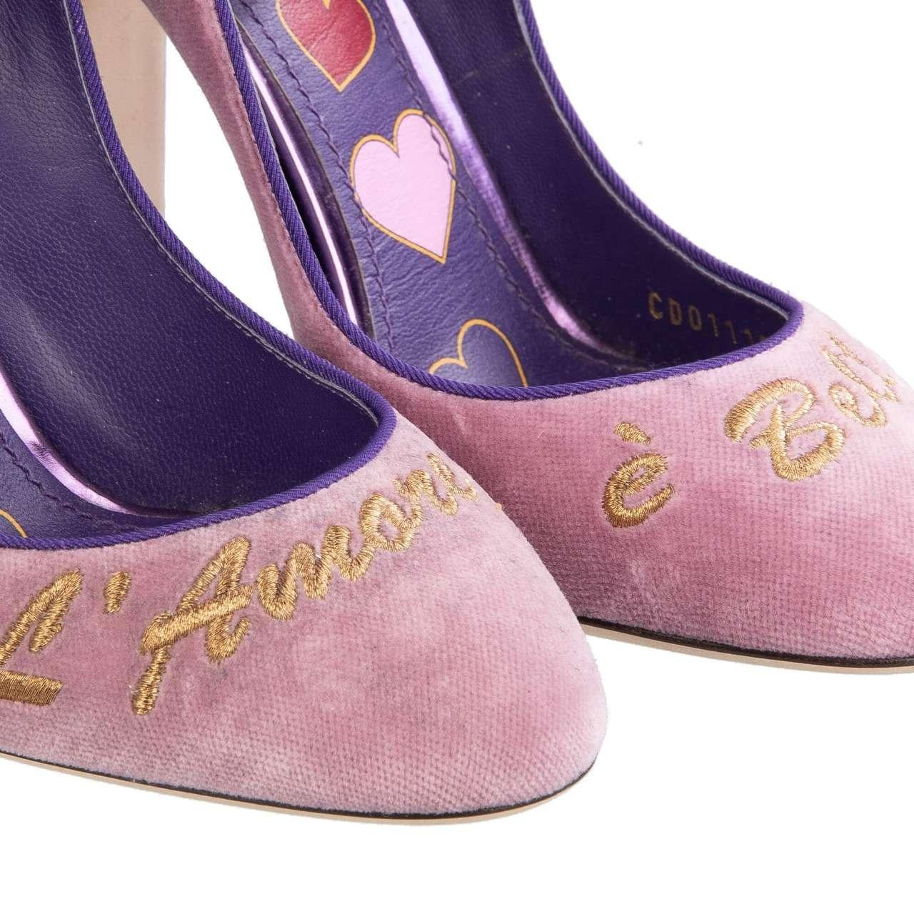 D&G Velvet Ankle Strap Hearts Pumps VALLY L'Amore Purple Pink EUR 38.5 For Sale 3