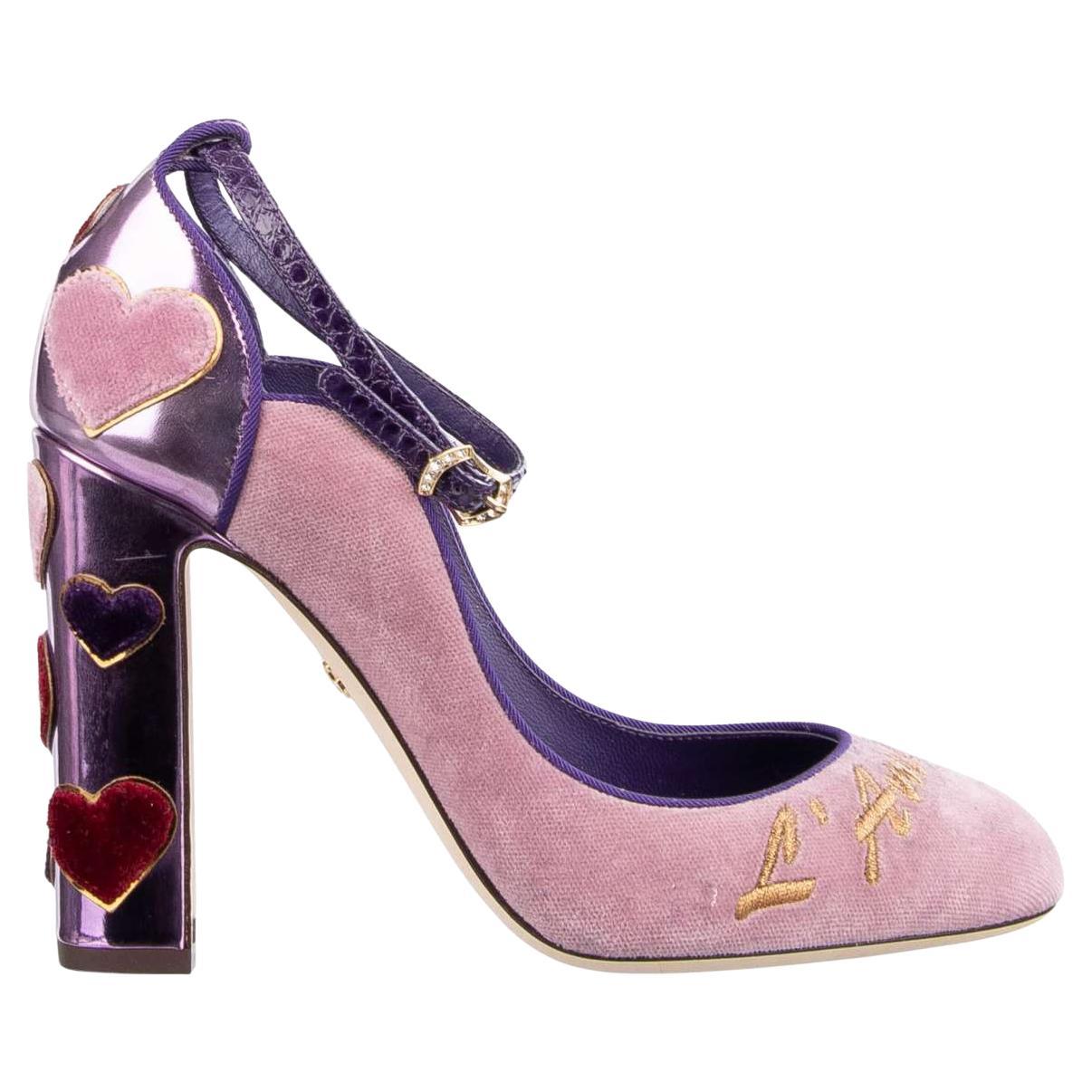 D&G Velvet Ankle Strap Hearts Pumps VALLY L'Amore Purple Pink EUR 38.5 For Sale