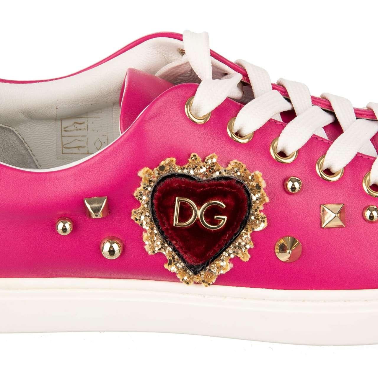 - Leather Sneaker LONDON with DG velvet Heart patch and studs in pink and white by DOLCE & GABBANA - New with Box - MADE IN ITALY - Model: CK0167-B5320-8H407 - Material: 100% Calf leather - Sole: Rubber - Color: White / Pink - DG Heart velvet