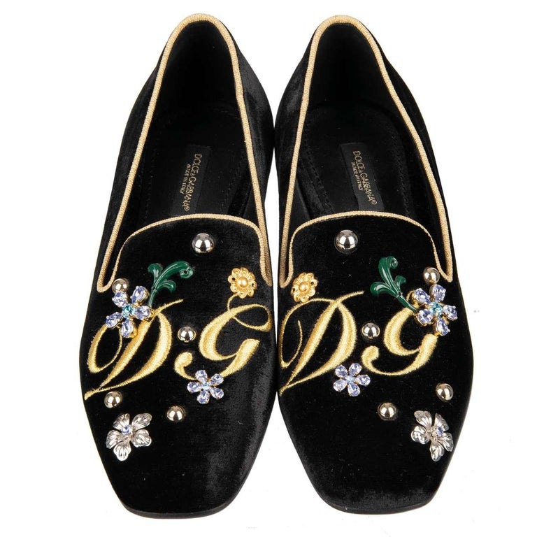 D&G Velvet Logo Embroidered Ballet Flats JACKIE with Crystals Black EUR
