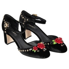 D&G Velvet Mary Jane Pumps VALLY with Roses, Crystals, Studs Black 39.5