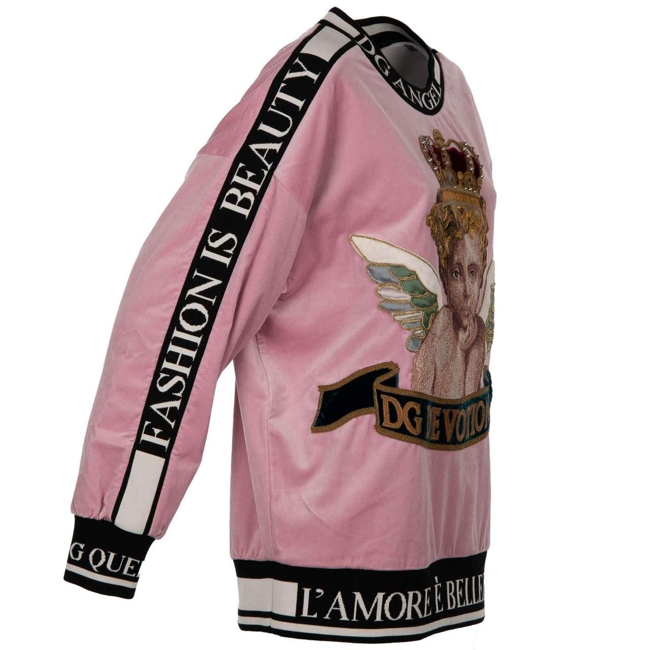 D&G Velvet Oversize Sweater with Angel Crown Embroidery DG Devotion Pink IT 40 In Excellent Condition For Sale In Erkrath, DE