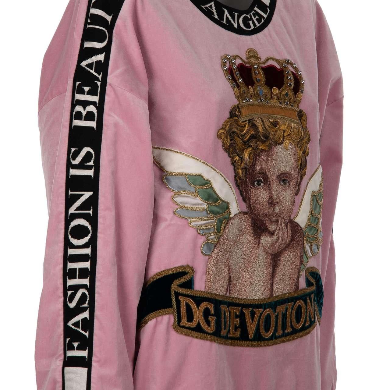 Women's D&G Velvet Oversize Sweater with Angel Crown Embroidery DG Devotion Pink IT 40 For Sale