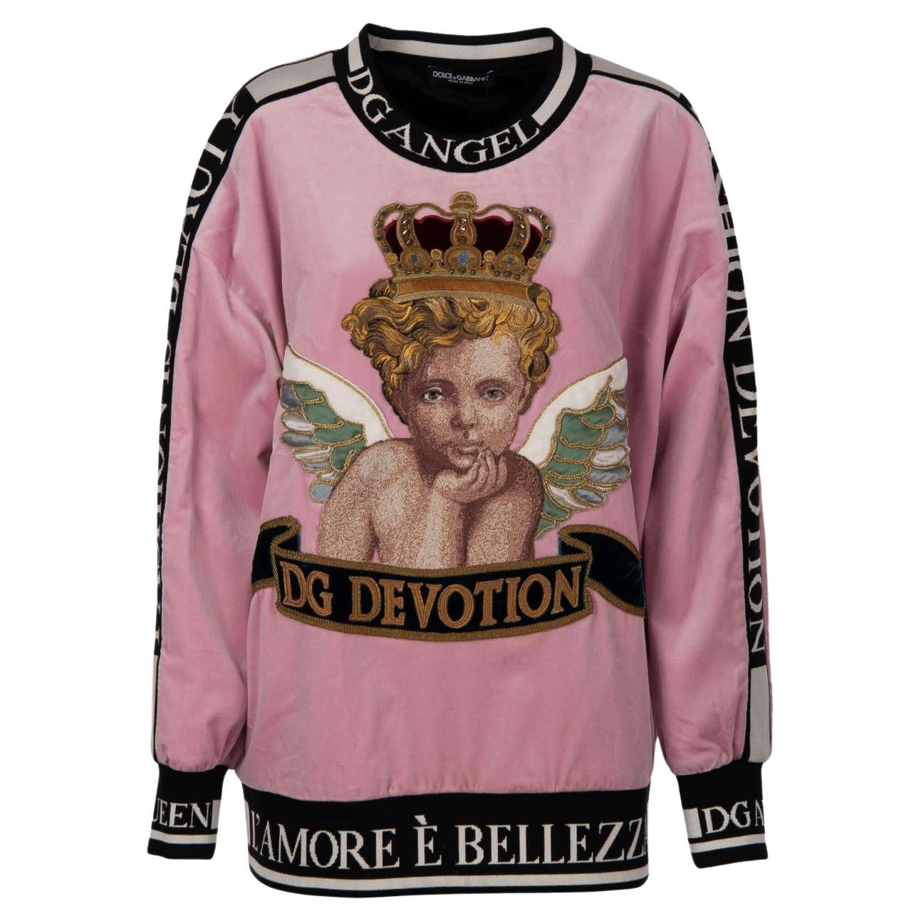 D&G Velvet Oversize Sweater with Angel Crown Embroidery DG Devotion Pink IT 40 For Sale