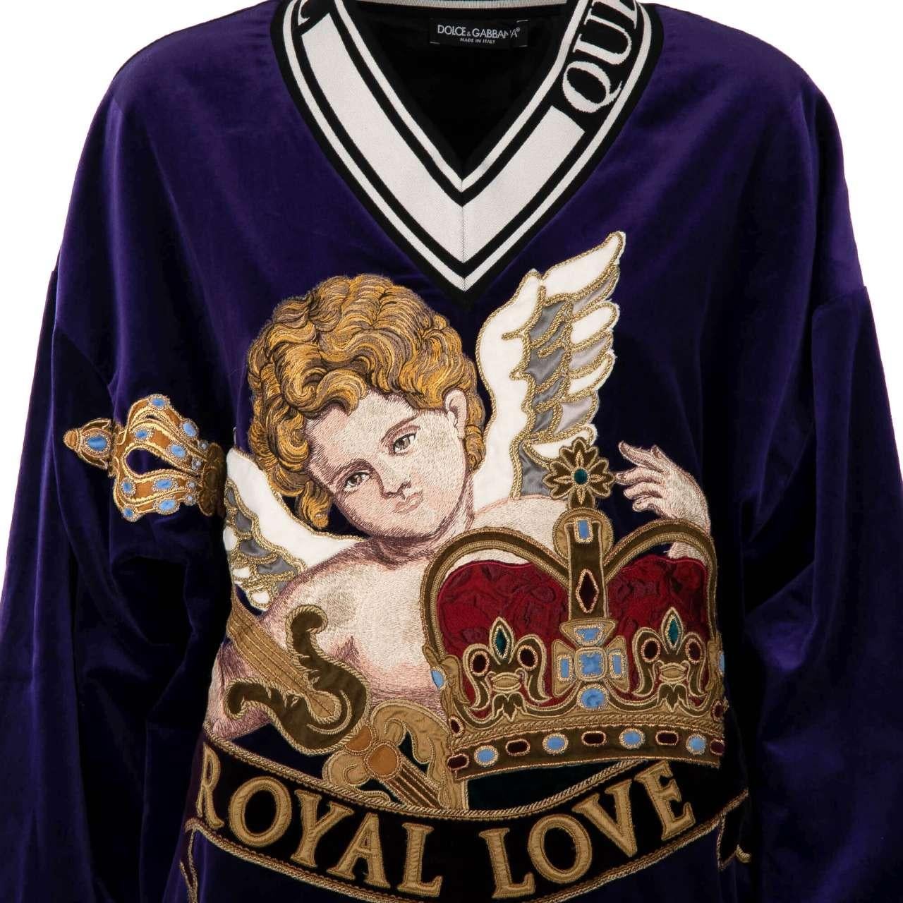 D&G Velvet Oversize Sweater with Angel Crown Embroidery Royal Love Purple IT 38 For Sale 1