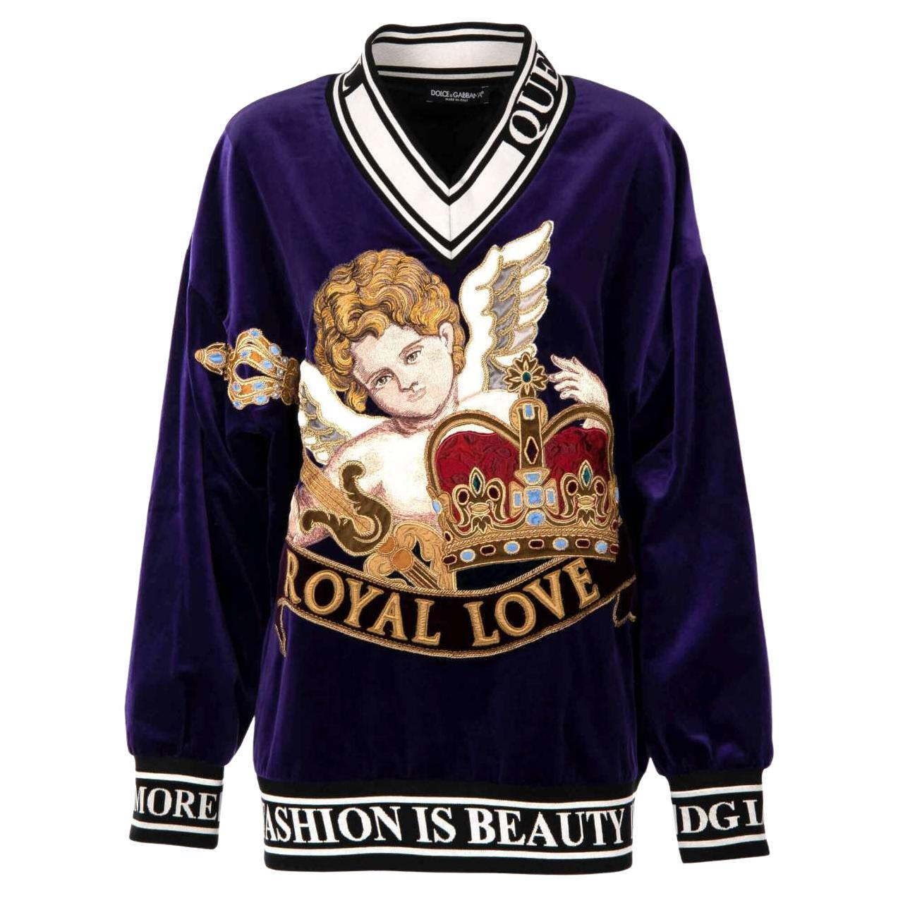D&G Velvet Oversize Sweater with Angel Crown Embroidery Royal Love Purple IT 38 For Sale