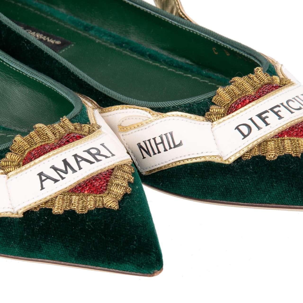 Women's D&G Velvet Sacred Heart Amanti Embroidered Ballet Flats BELLUCCI Green EUR 36 For Sale