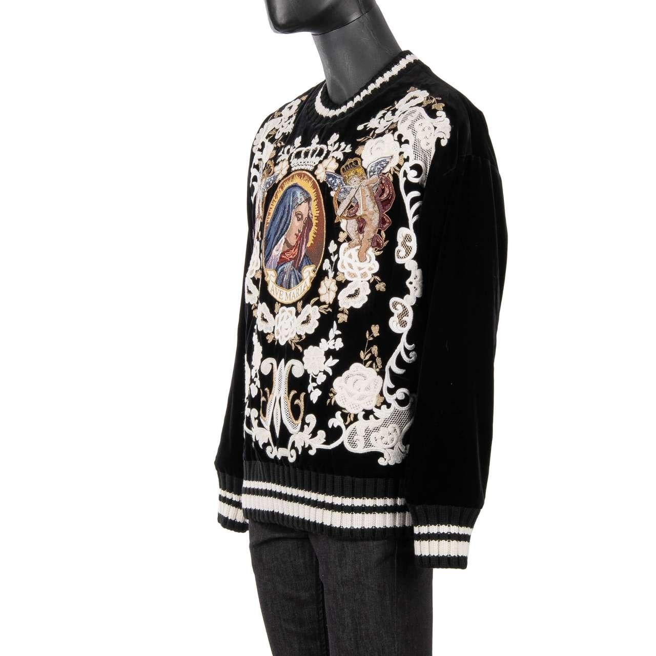 Men's D&G Velvet Sweater with Angels and Santa Maria Embroidery Black White 46 For Sale