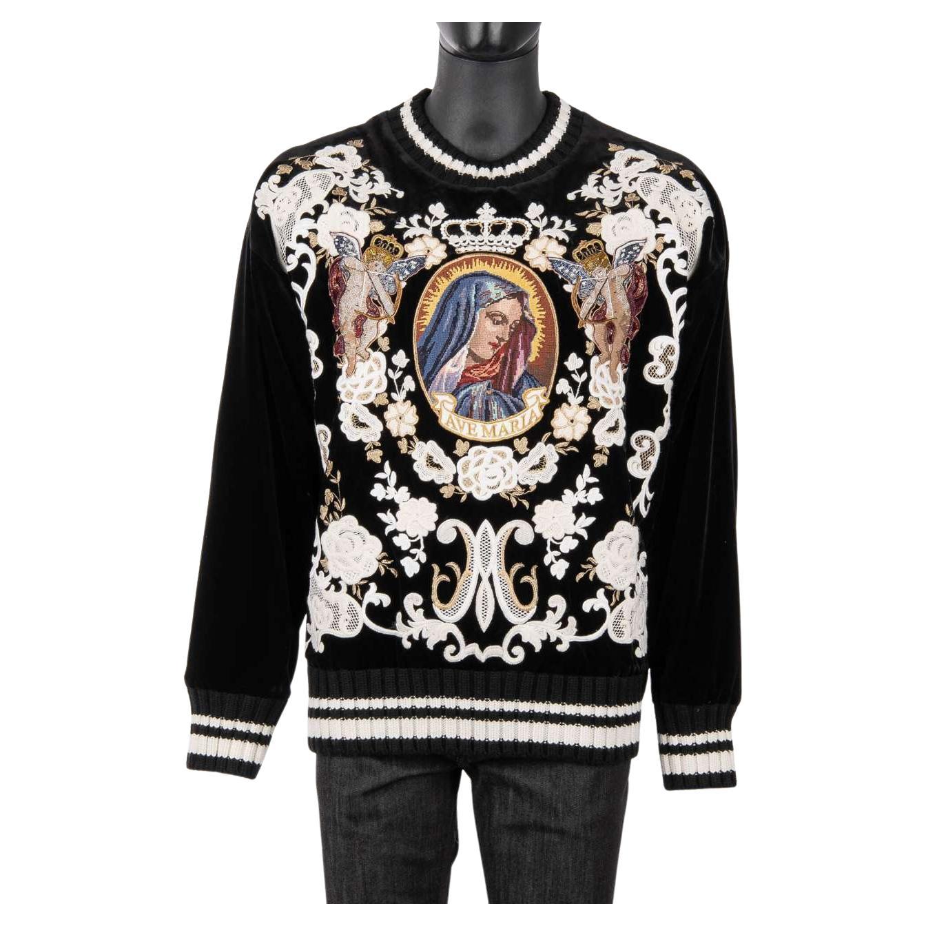 D&G Velvet Sweater with Angels and Santa Maria Embroidery Black White 46 For Sale