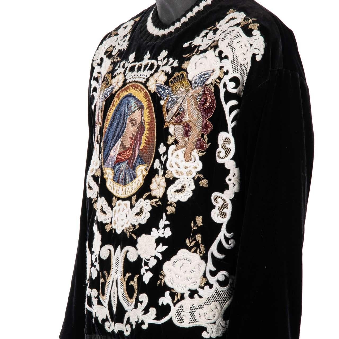 D&G Velvet Sweater with Angels and Santa Maria Embroidery Black White 54 In Excellent Condition For Sale In Erkrath, DE