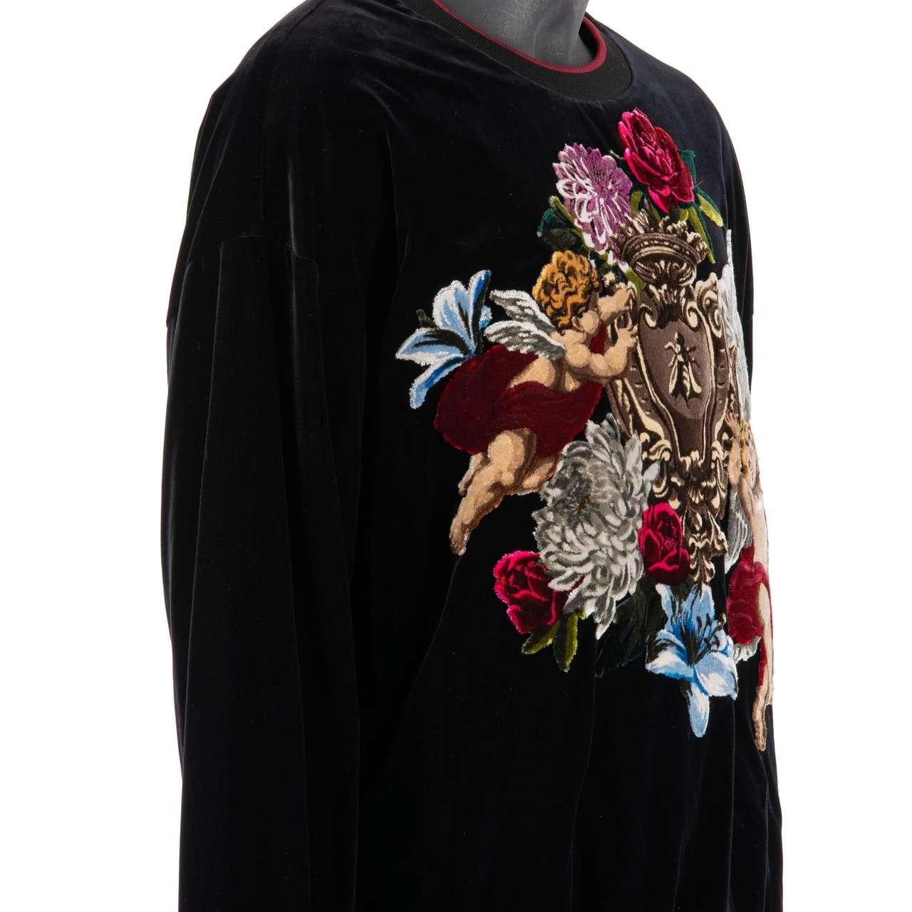 D&G Velvet Sweater with Baroque Angels and Flowers Application Black Red 54 For Sale 2