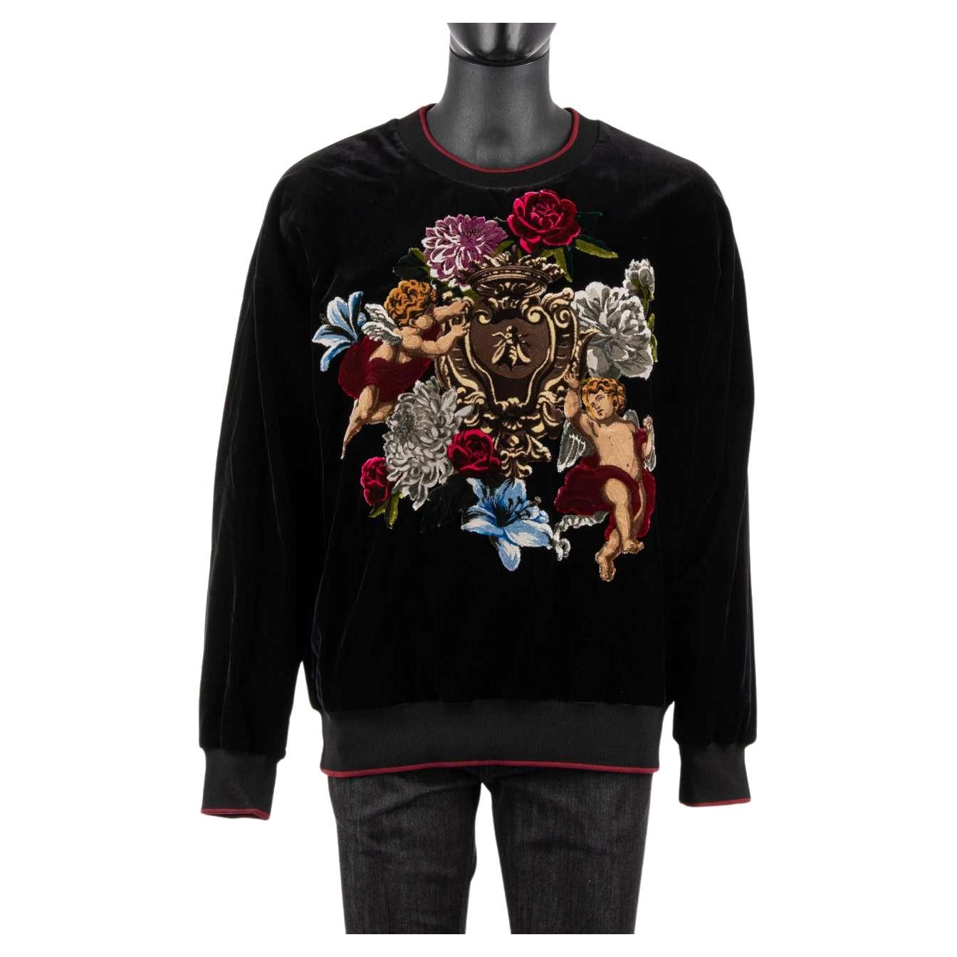 D&G Velvet Sweater with Baroque Angels and Flowers Application Black Red 54 For Sale