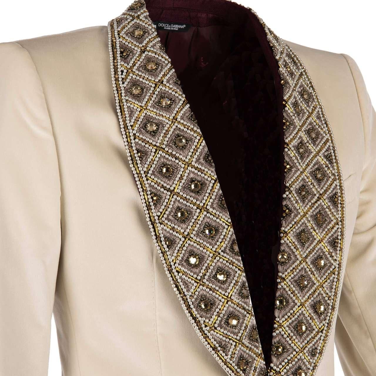 Men's D&G Velvet Tuxedo Blazer with Crystals, Pearls and Gold Embroidery White 56 For Sale