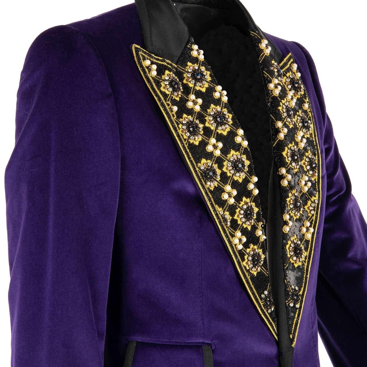 Men's D&G Velvet Tuxedo Blazer with Crystals, Pearls and Sequins Purple Black 46 For Sale