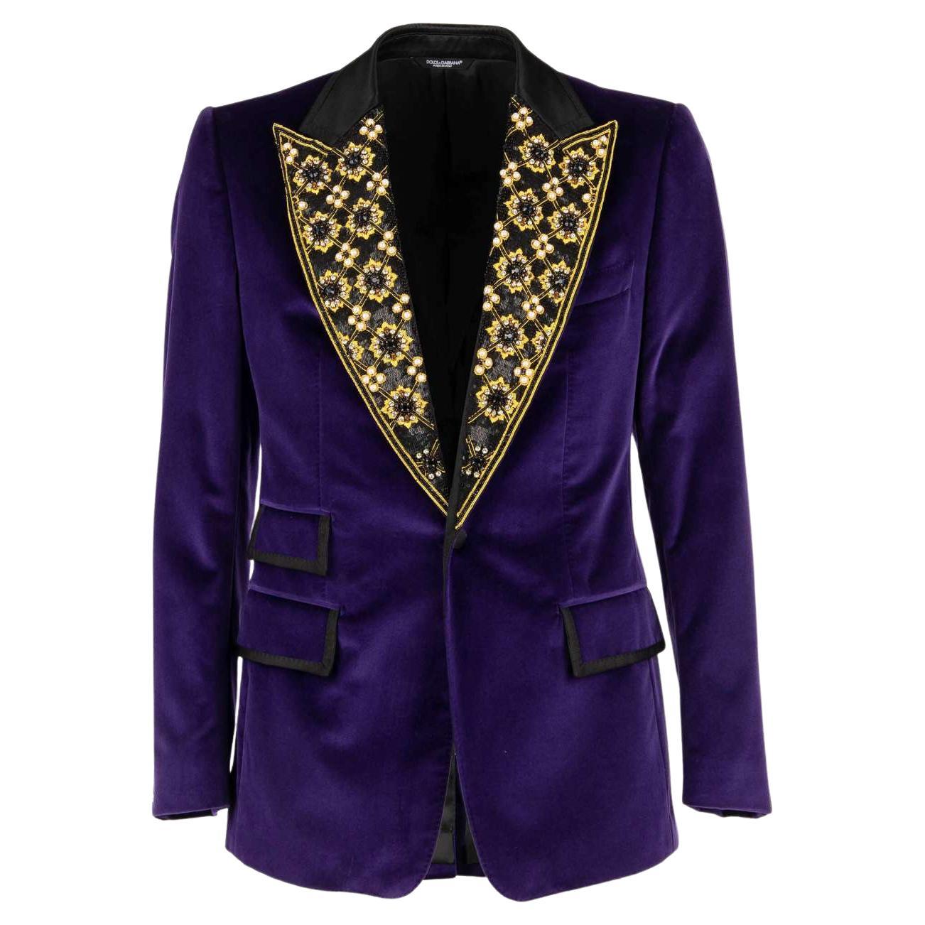 D&G Velvet Tuxedo Blazer with Crystals, Pearls and Sequins Purple Black 46 For Sale