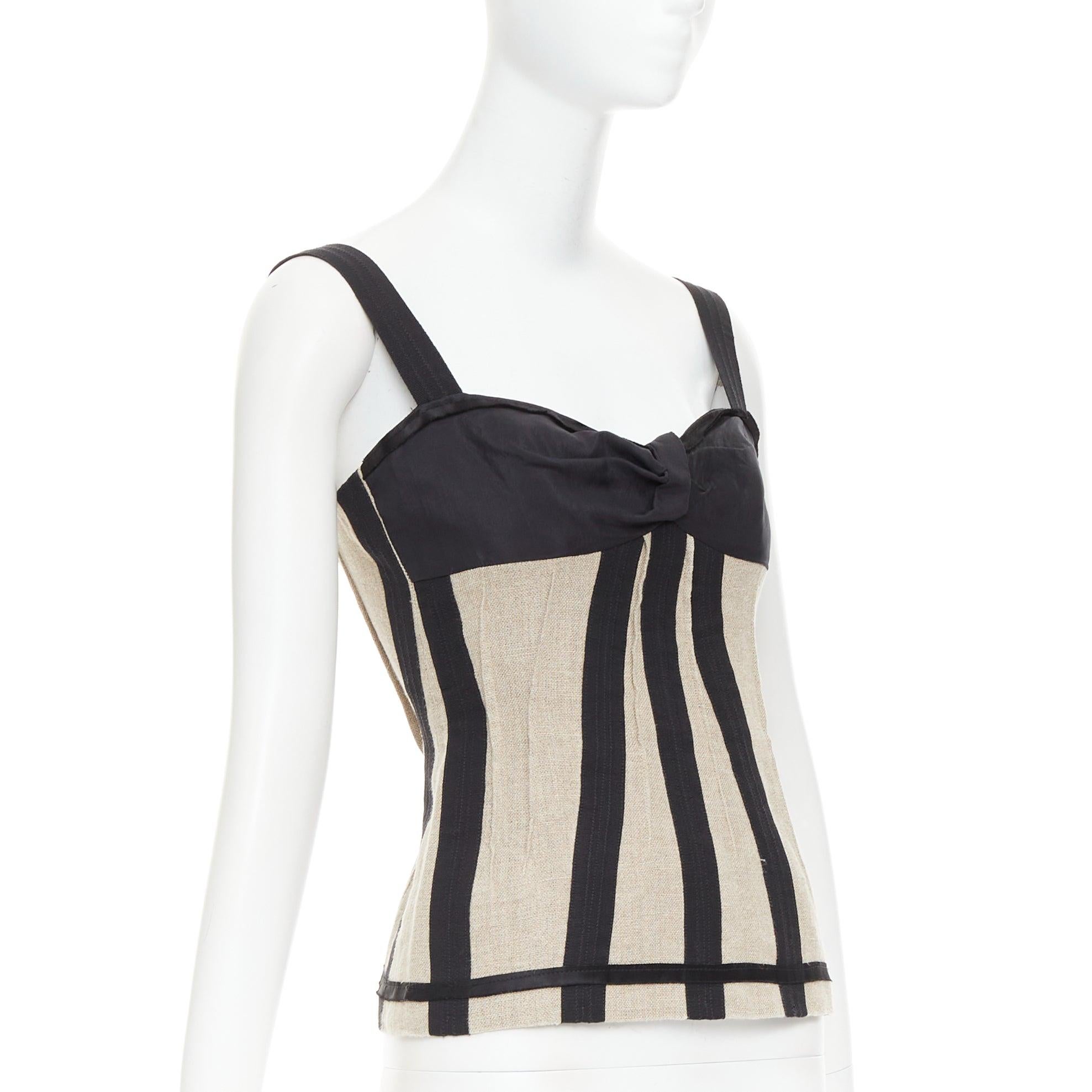 D&G Vintage beige Leinen Burlap Leinwand schwarzem Satin getrimmt Korsett Top IT38 XS (Schwarz) im Angebot