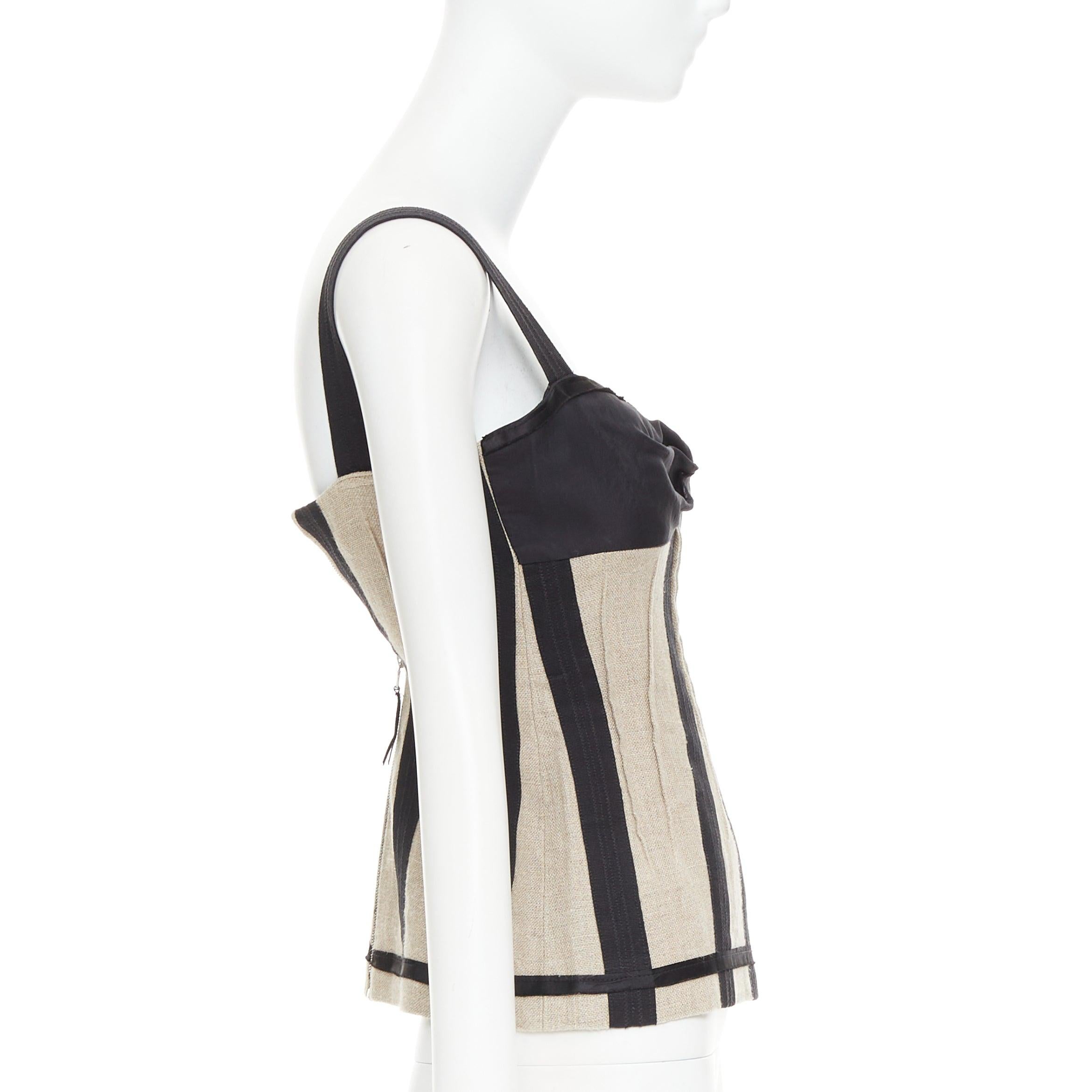 D&G Vintage beige Leinen Burlap Leinwand schwarzem Satin getrimmt Korsett Top IT38 XS im Zustand „Hervorragend“ im Angebot in Hong Kong, NT
