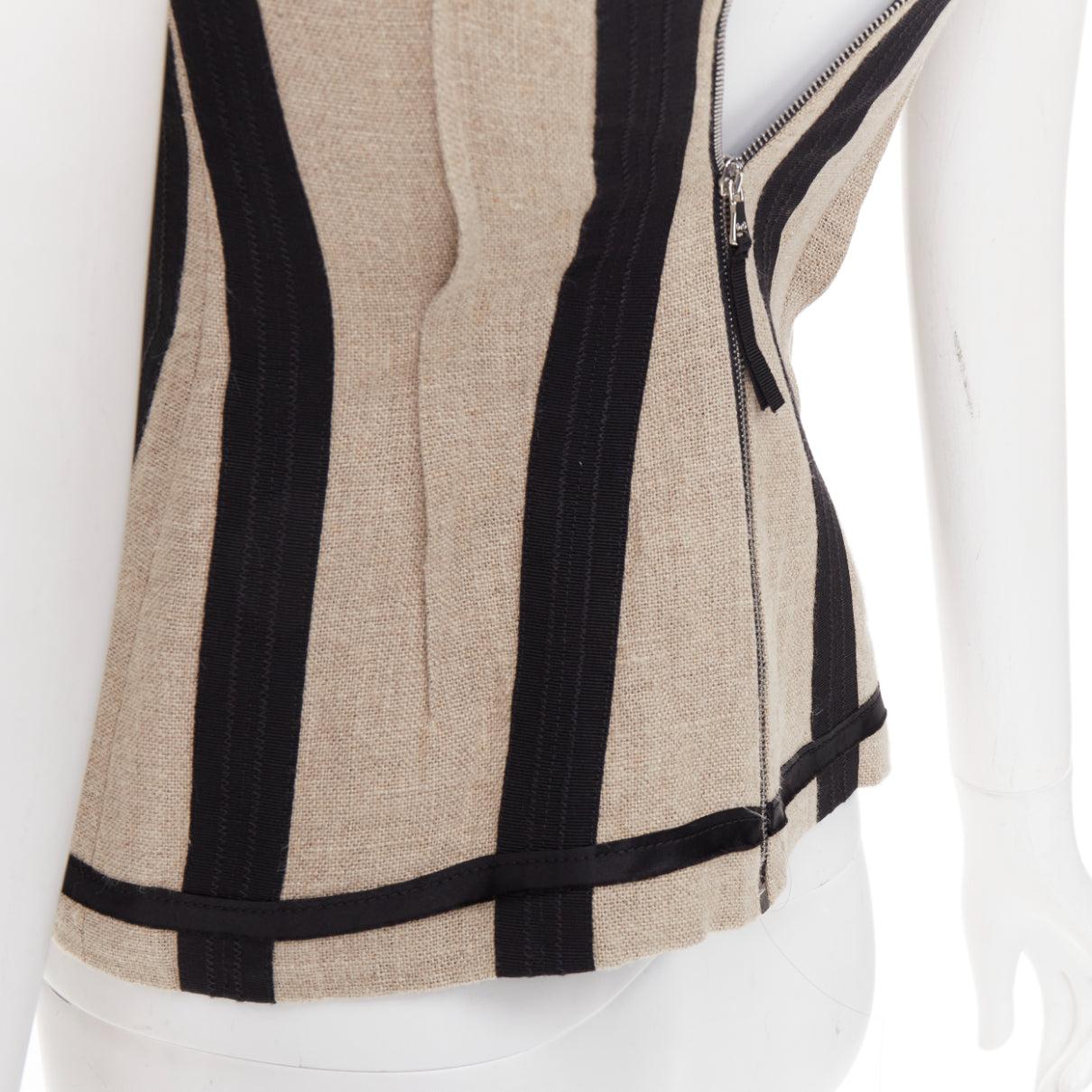 D&G Vintage beige Leinen Burlap Leinwand schwarzem Satin getrimmt Korsett Top IT38 XS im Angebot 2