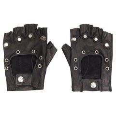 D&G - Gants de moto vintage sans doigt en cuir noir avec clous argentés