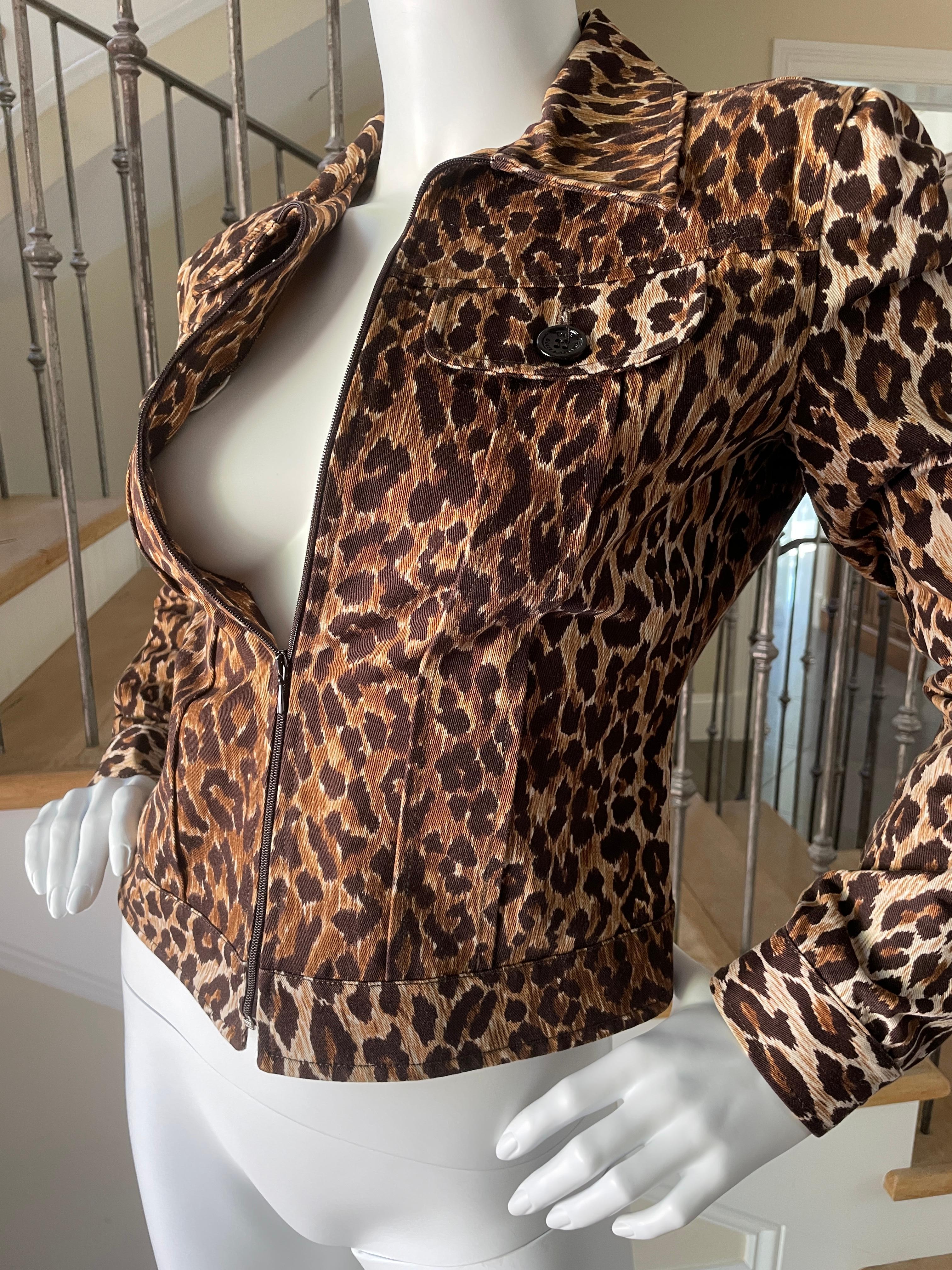 D&G Vintage Cropped Denim Leopard Print Zip Front Jacket by Dolce & Gabbana
No size tag, appx S
  Bust 36