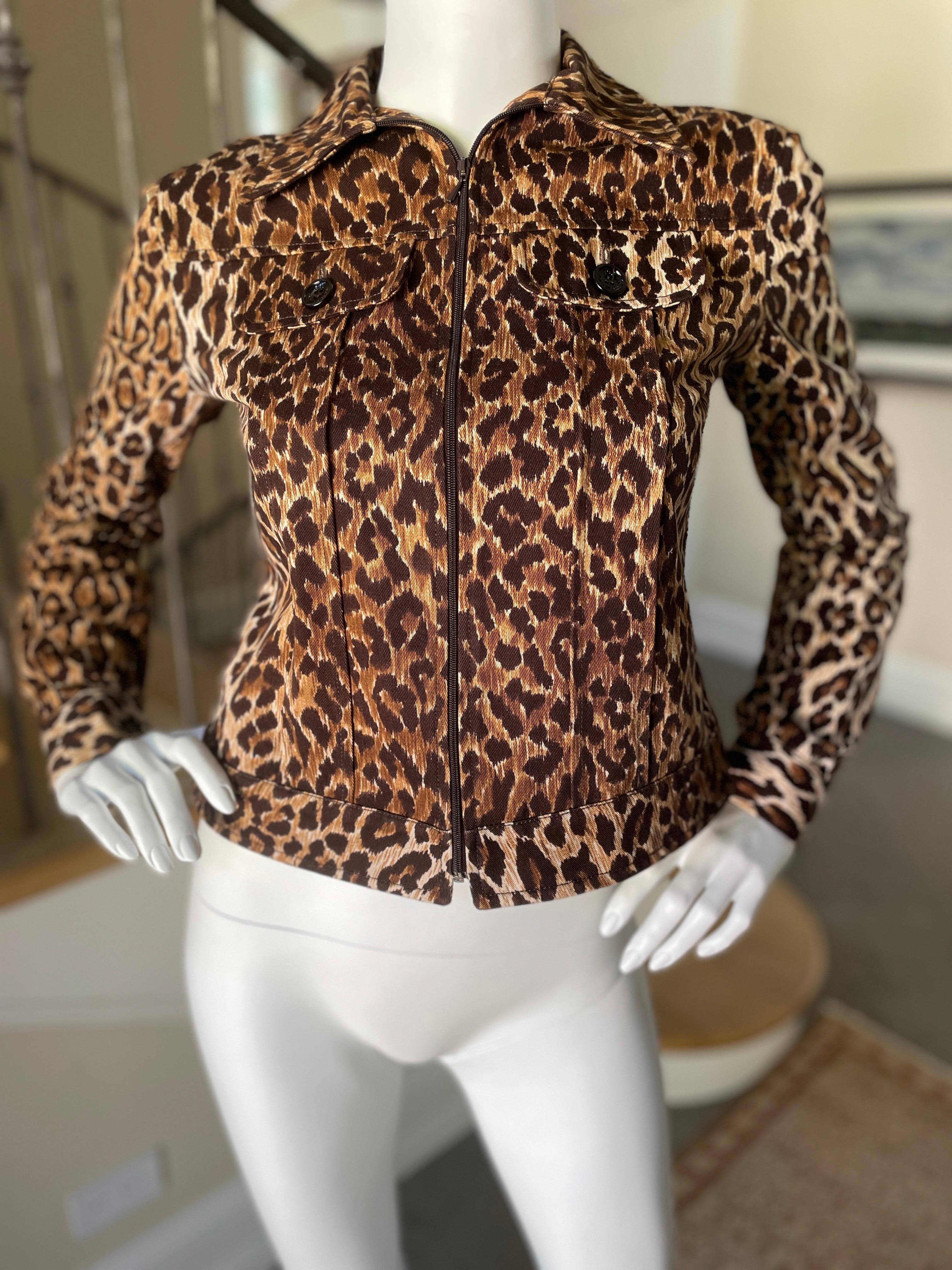 Black D&G Vintage Cropped Denim Leopard Print Zip Front Jacket by Dolce & Gabbana For Sale