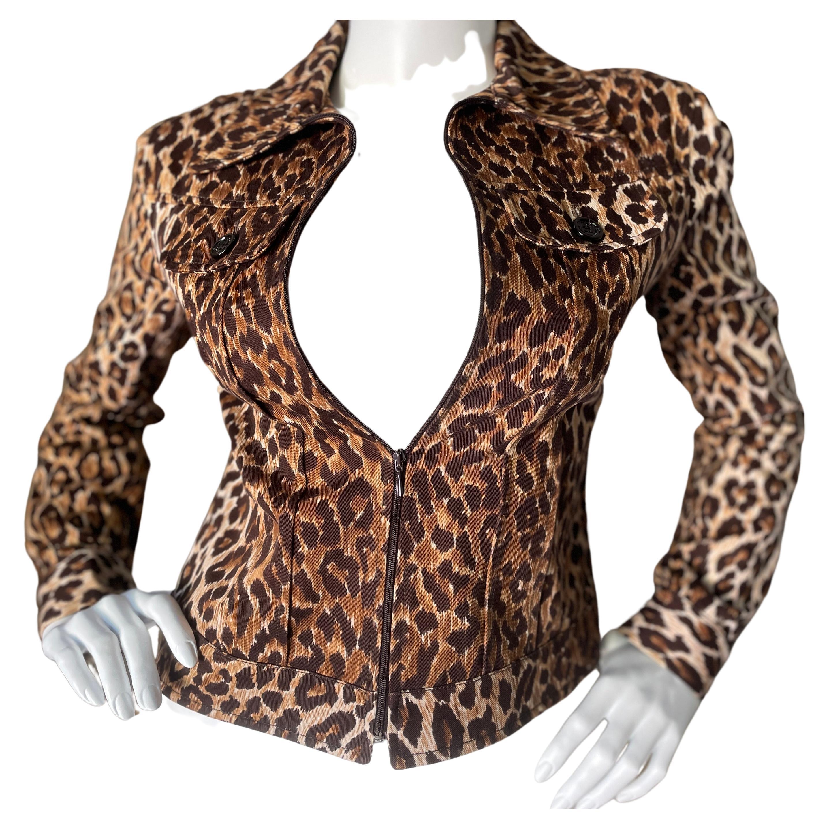 D&G Vintage Cropped Denim Leopard Print Zip Front Jacket by Dolce & Gabbana For Sale