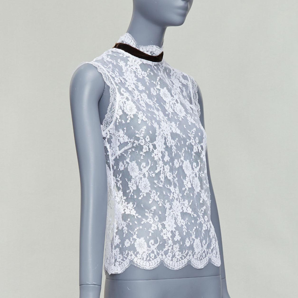Gray D&G Vintage white floral lace black velvet trim hi neck scallop top IT40 S