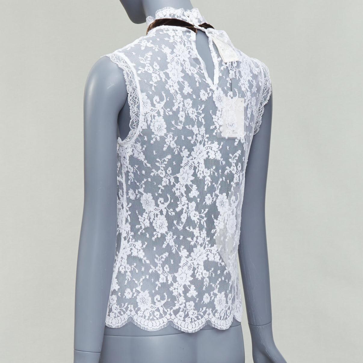 D&G Vintage white floral lace black velvet trim hi neck scallop top IT40 S 1