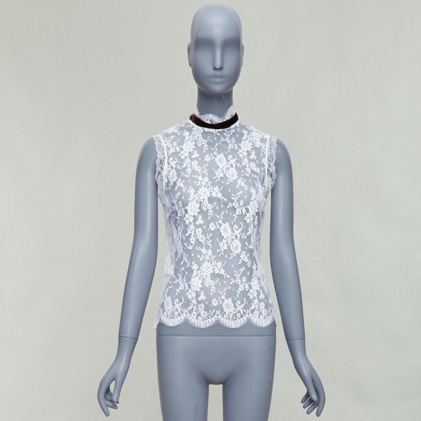 D&G Vintage white floral lace black velvet trim hi neck scallop top IT40 S 4