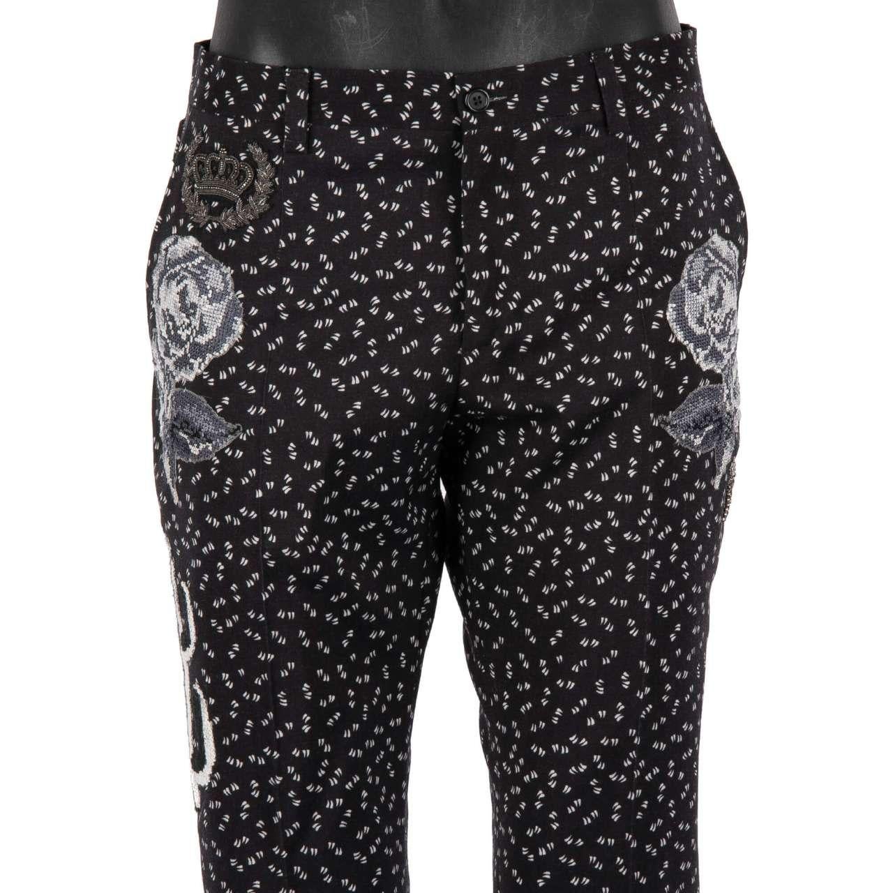 Men's D&G - Virgin Wool Trousers with Flowers, Crown and Bee Embroidery Black 48 For Sale