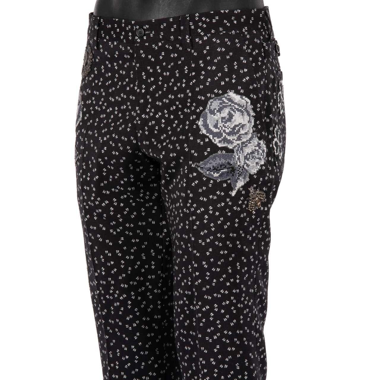 D&G - Virgin Wool Trousers with Flowers, Crown and Bee Embroidery Black 48 For Sale 1