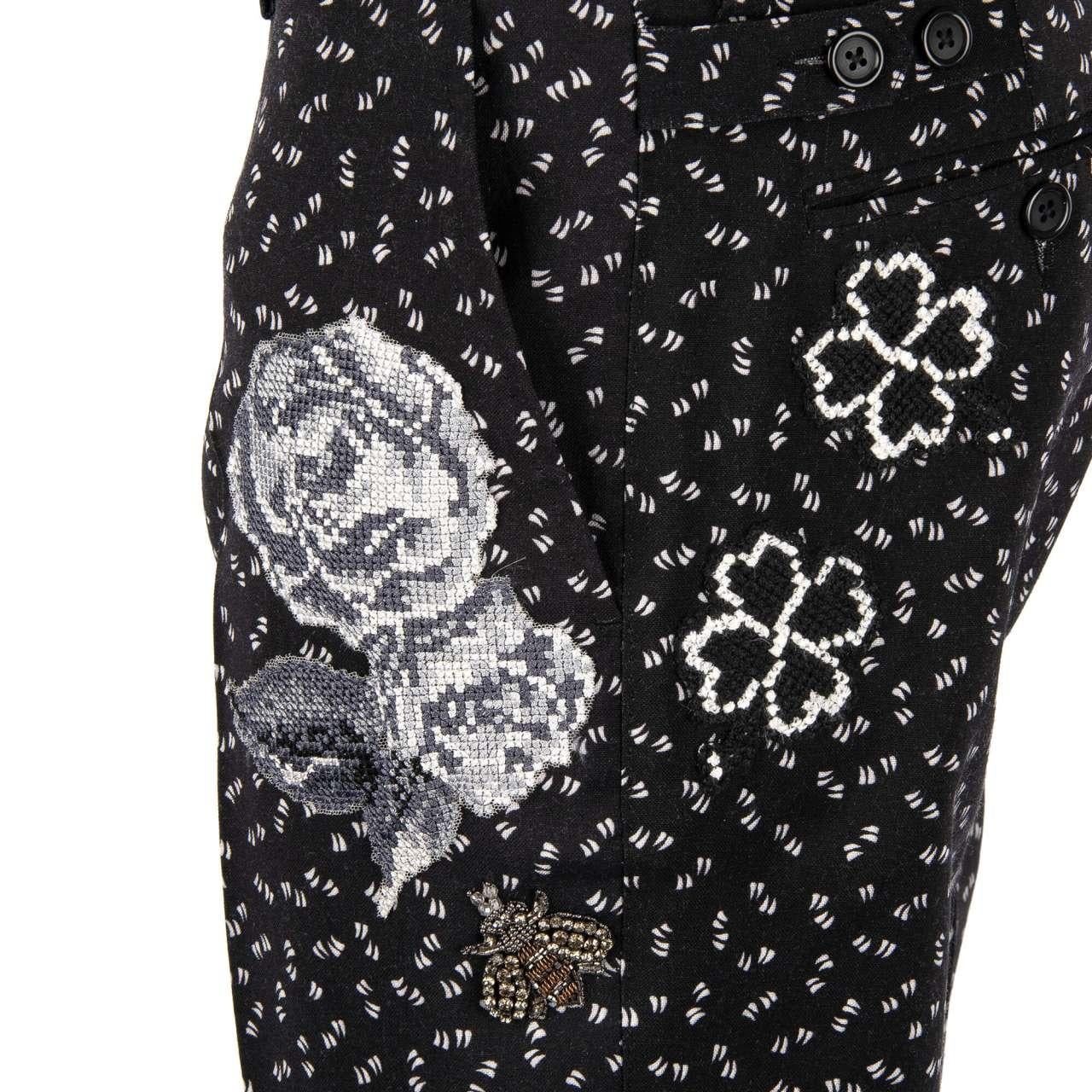 D&G - Virgin Wool Trousers with Flowers, Crown and Bee Embroidery Black 48 For Sale 3