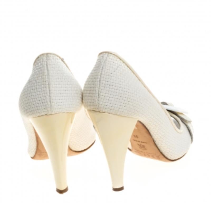 Beige D&G White/Cream Woven Fabric And Patent Leather Buckle Peep Toe Pumps Size 38 For Sale