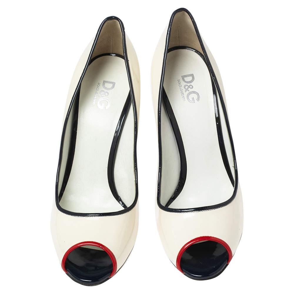 D&G White Patent Leather Peep Toe Pumps Size 41 For Sale 2