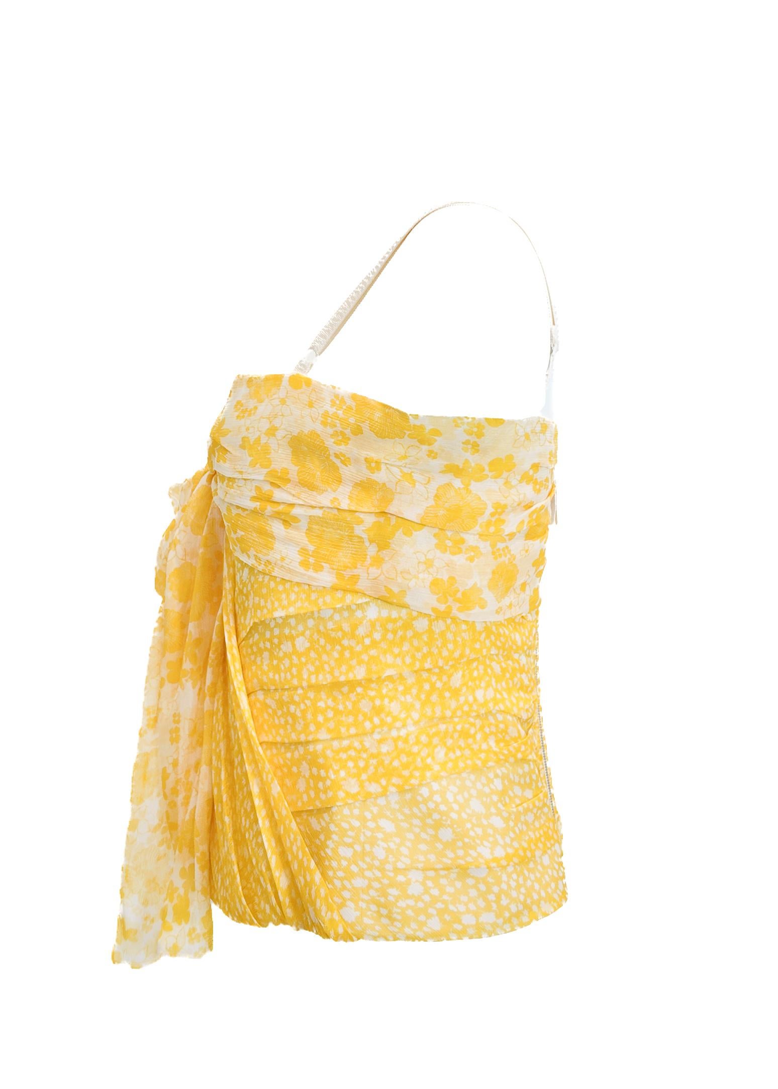 Jaune D.G. Corset en mousseline froncée imprimée jaune en vente