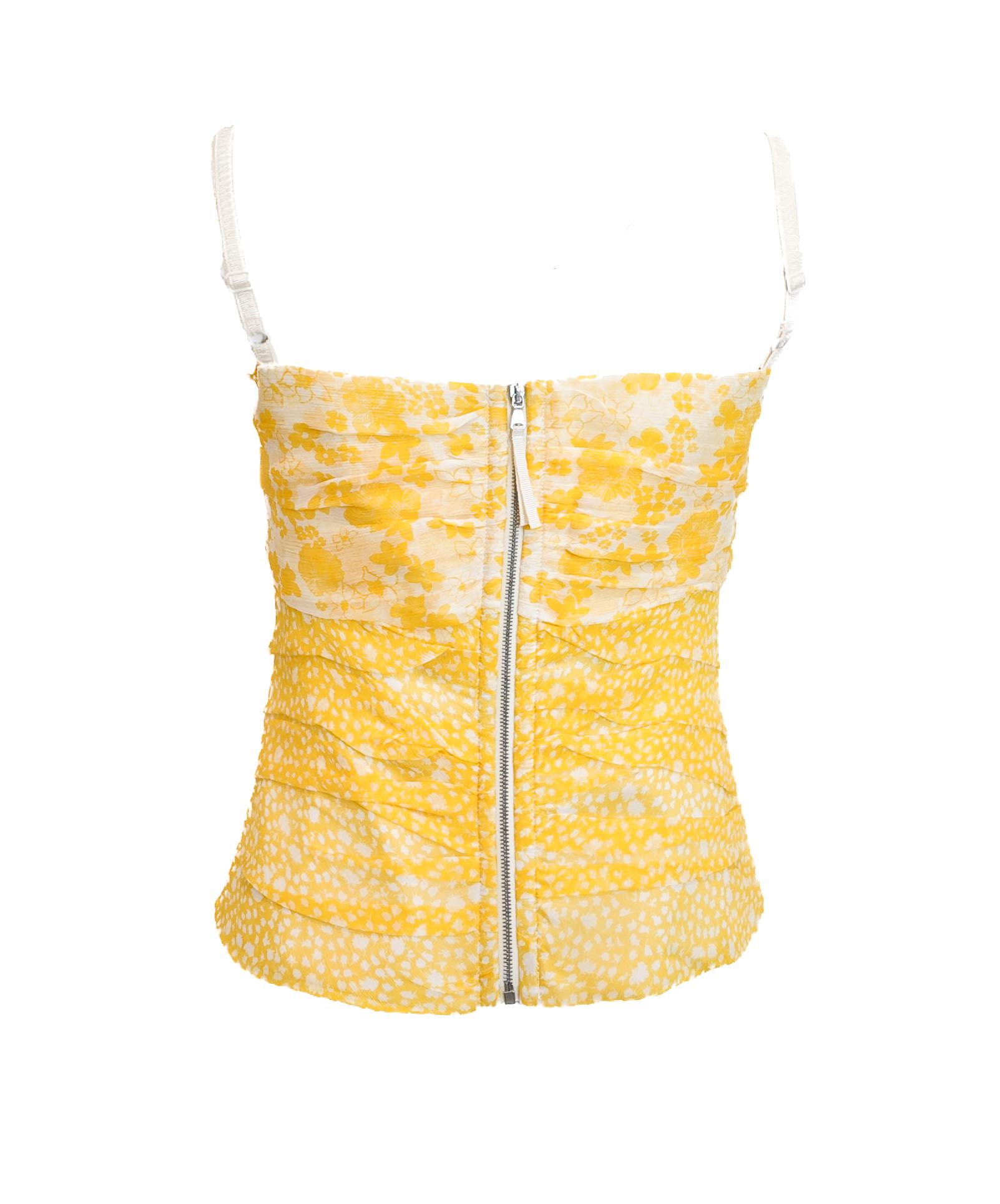 D.G. Corset en mousseline froncée imprimée jaune Excellent état - En vente à Los Angeles, CA