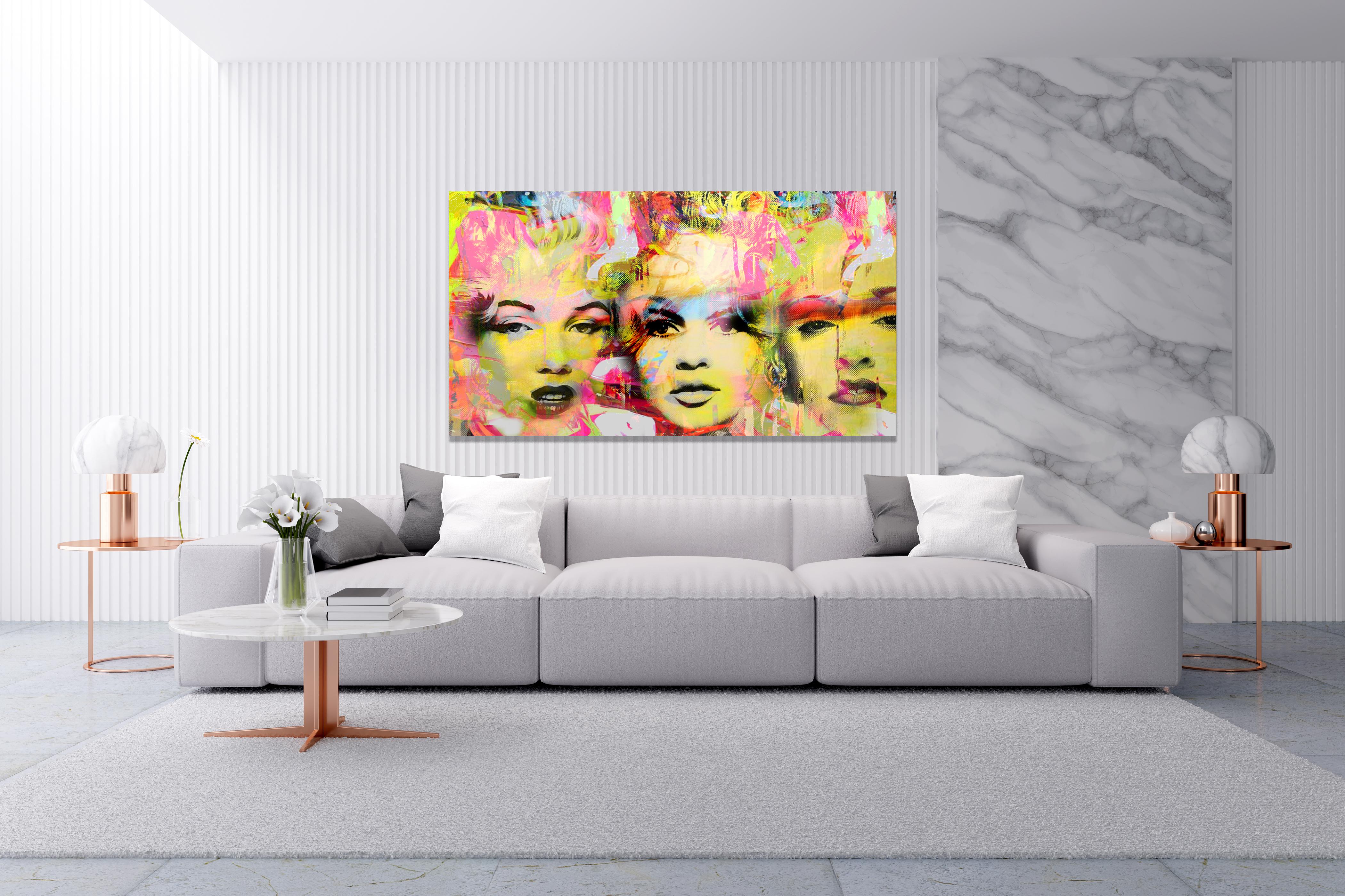 Tre Grazia - Marilyn, Madonna and Brigitte Bardot, Mixed Media - Beige Portrait Painting by Dganit Blechner