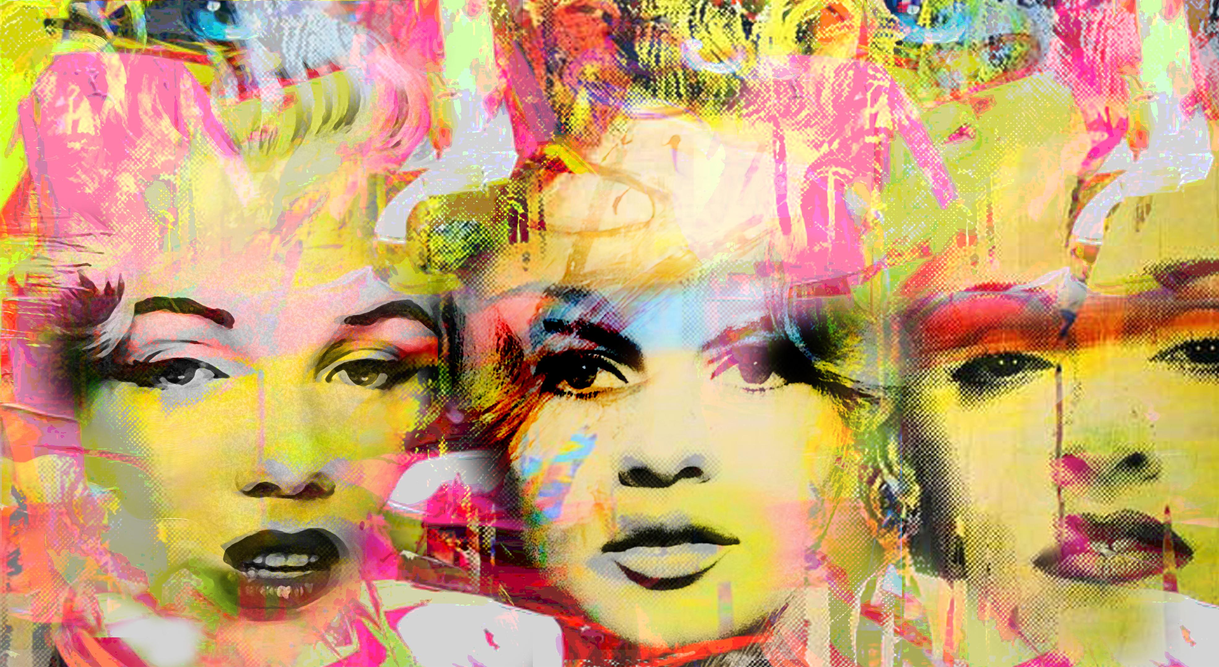 Dganit Blechner Portrait Painting - Tre Grazia - Marilyn, Madonna and Brigitte Bardot, Mixed Media