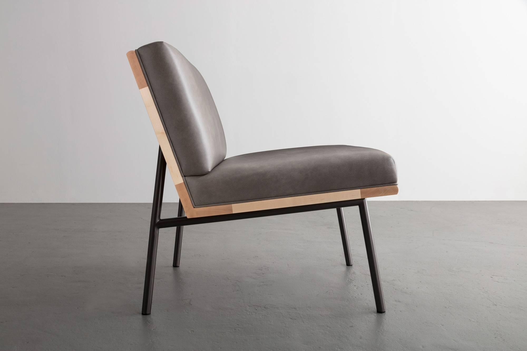 American DGD Lounge Chair, Grey Leather, Black Nickel Plated Steel, Maple Hardwood