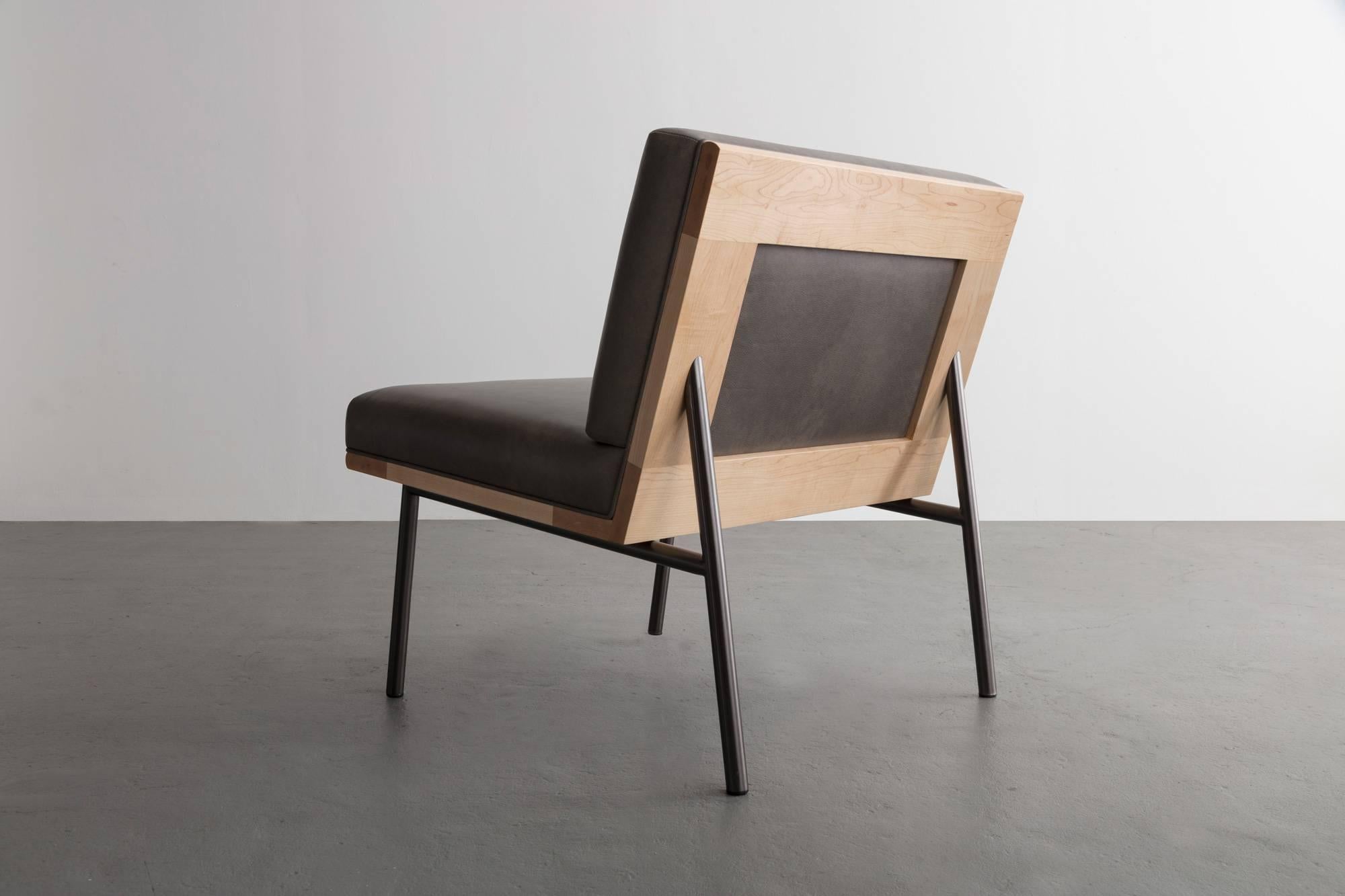 Modern DGD Lounge Chair, Grey Leather, Black Nickel Plated Steel, Maple Hardwood