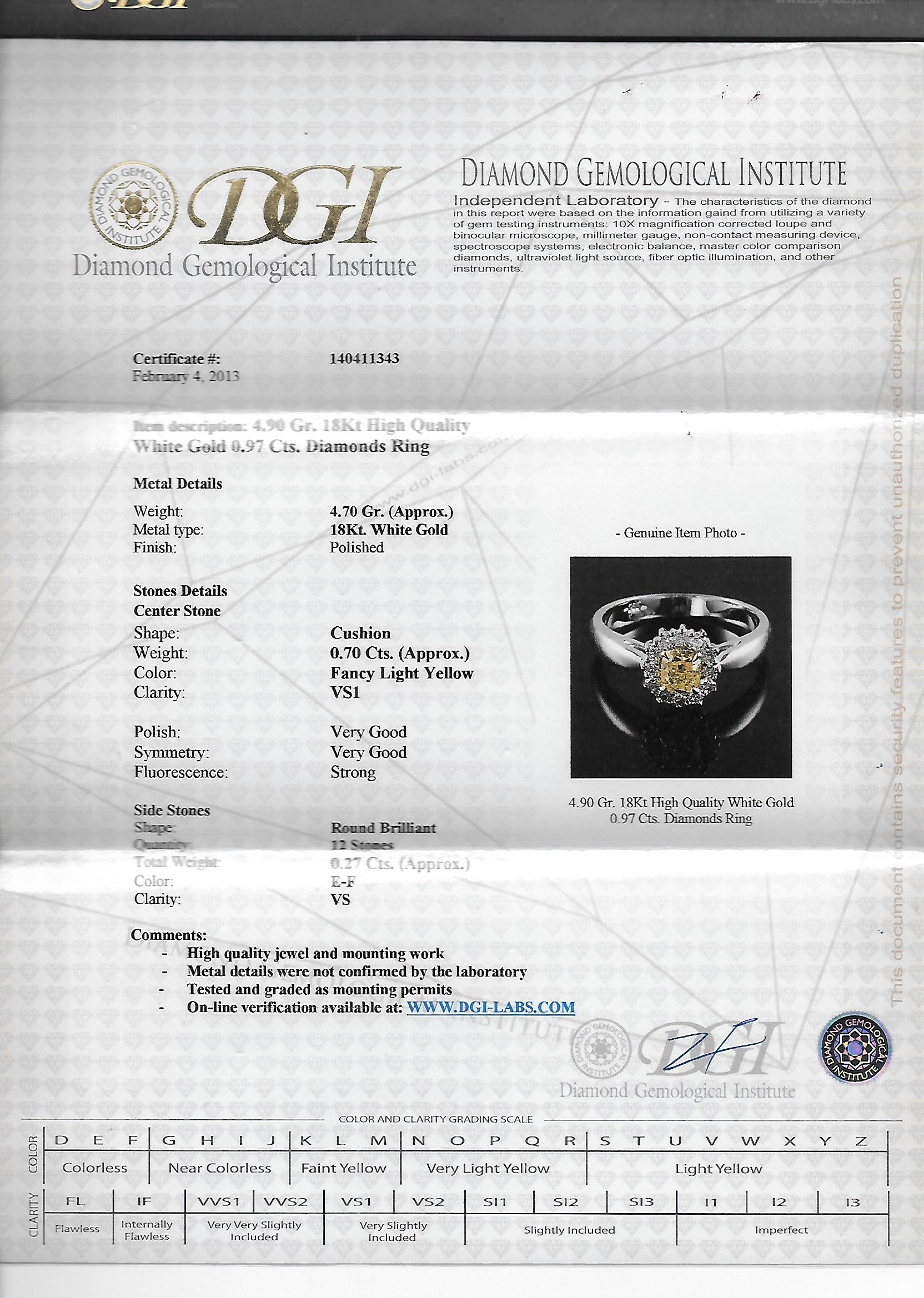 DGI Certified Fancy Light Yellow Diamond Cluster Ring For Sale 2