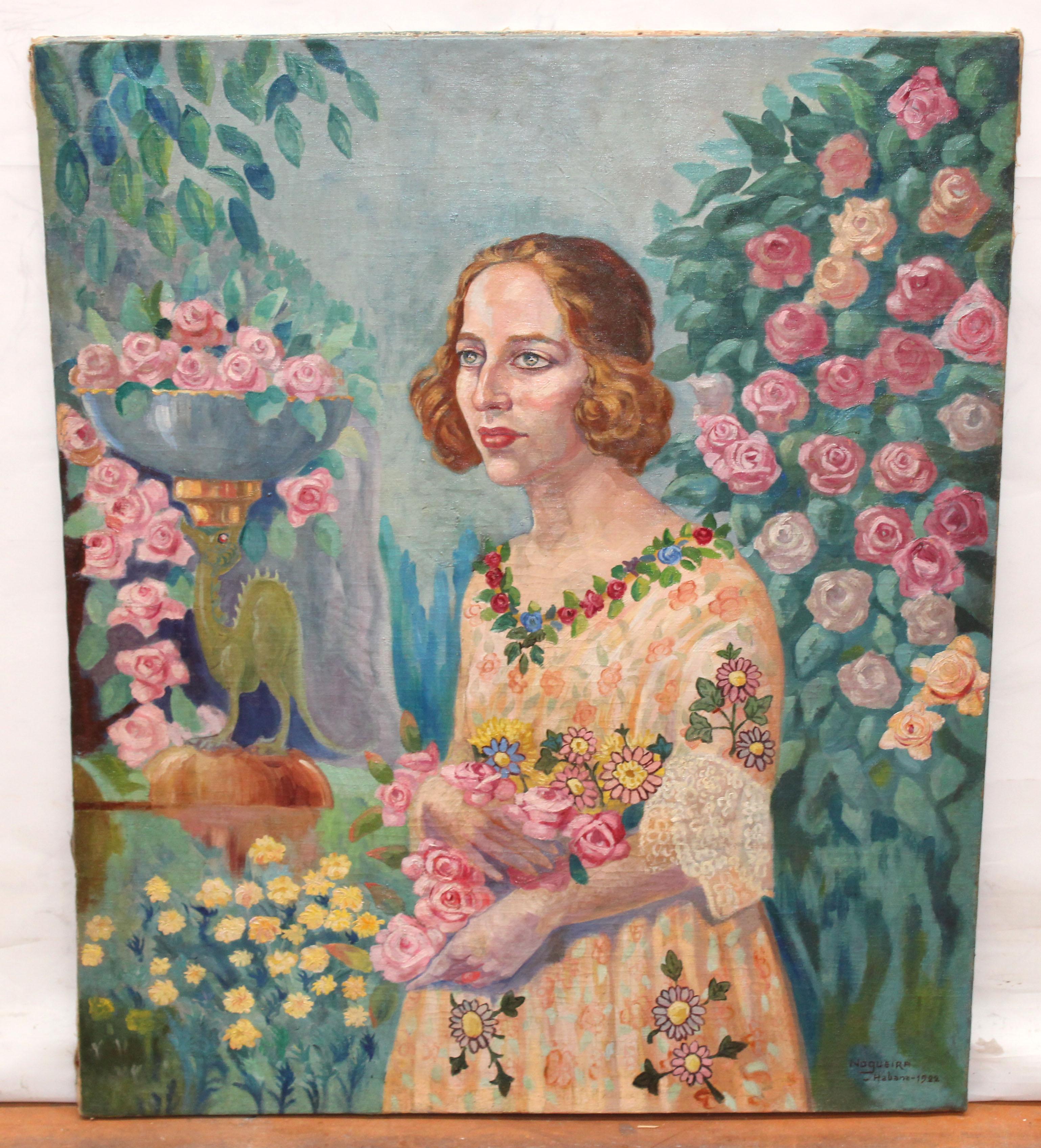 Andrés Nogueira Gómez (1890 - ??) - Óleo sobre tela - Chica con flores - Painting di dgsrytrewy