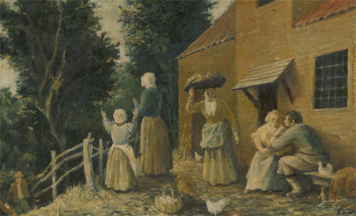 A pastoral scene outside a cottage. Hens graze in the foreground beside a basket of eggs while figures work and talk in the courtyard. Initialled to the lower-right corner. On panel.
