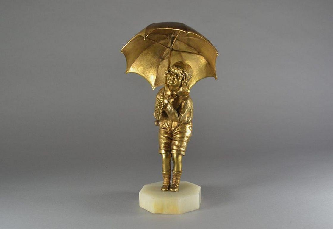 French Dh. Chiparus, Child with Umbrella Gilded Bronze Art Deco Figure, Circa 1925 For Sale
